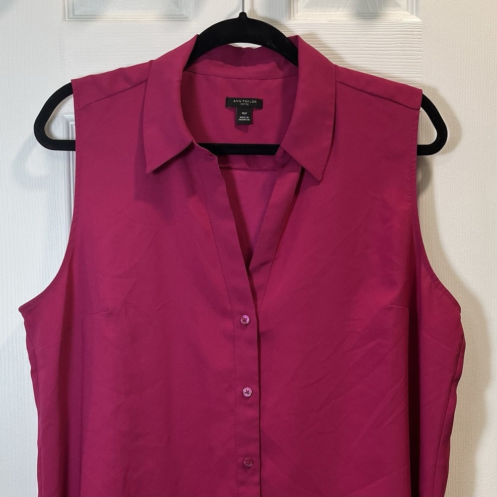 Ann Taylor Sleeveless Collared Button Front Pink Fuchsia Top Size XL Petite